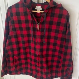 LL Bean red plaid lightweight Hoodie Zip Up Shirt Jacket Relaxed size XL